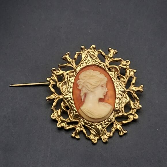 Vintage Cameo Brooch Orange Cream Gold Tone Lady HEad Portrait - Picture 8 of 8